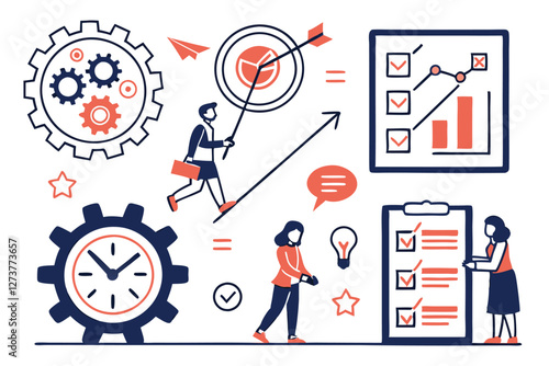   Project management icons, business infographics, navy blue and coral orange color scheme, minimalist design, flat vector graphics, productivity symbols, timeline visualization, task organization, te