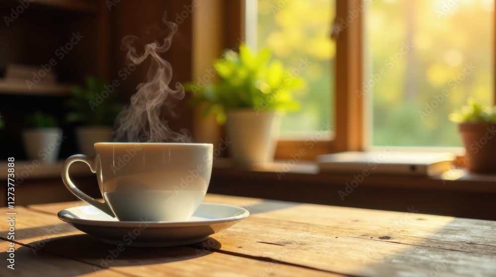 Aromatic Steam Rising from a Warm Mug on a Rustic Wooden Table near a Sunlit Window Aromatic Steam Rising from a Warm Mug on a Rustic Wooden Table near a Sunlit Window