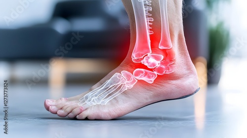 Side view of a human foot showing painful inflammation and discomfort in the arch and heel area highlighted with a red gradient overlay to indicate the areas of concern or distress