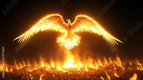 Majestic phoenix rising from fiery ashes at dusk during a mystical transformation event