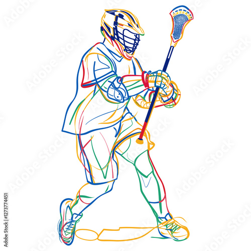 Line drawing lacrosse player art colorful helmet vector