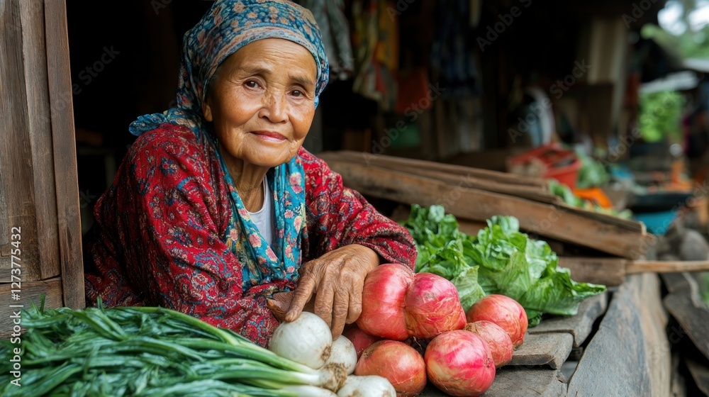 Fototapeta premium Elderly Woman at a Vegetable Market in Southeast Asia