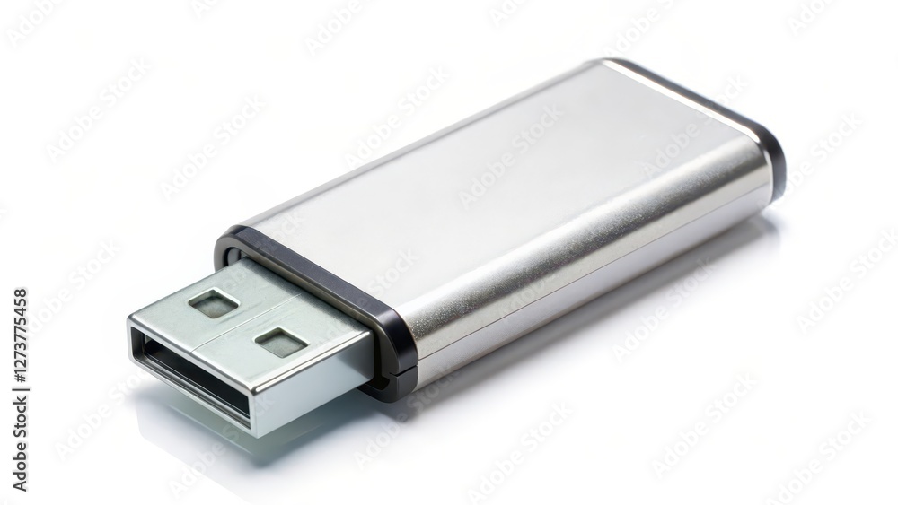 Silver USB Flash Drive on White Background Silver USB Flash Drive on White Background