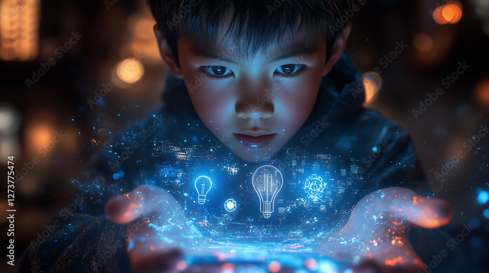 テクノロジーのホログラムを見ている男の子 テクノロジーのホログラムを見ている男の子