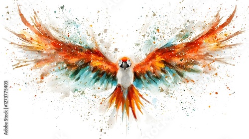 Striking Macaw with Fiery Feathers in Lush Tropical Watercolor Painting Blending Vibrant Blues Greens and Reds for a Dynamic and Expressive Jungle Scene