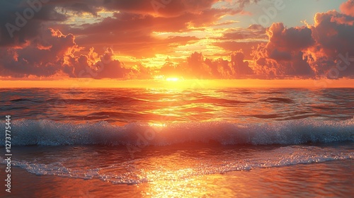 This stock photo features a golden sunset wave washing ashore