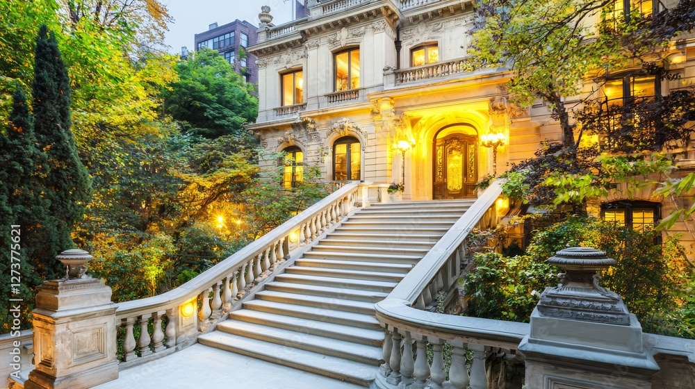 Fototapeta premium A grand stone terrace in classic style with an intricately ornamented staircase and traditional outdoor lighting fixtures that evoke an elegant feel