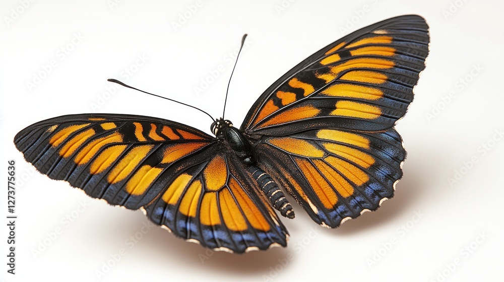 Fototapeta premium Orange and black butterfly with blue accents, isolated on white background.