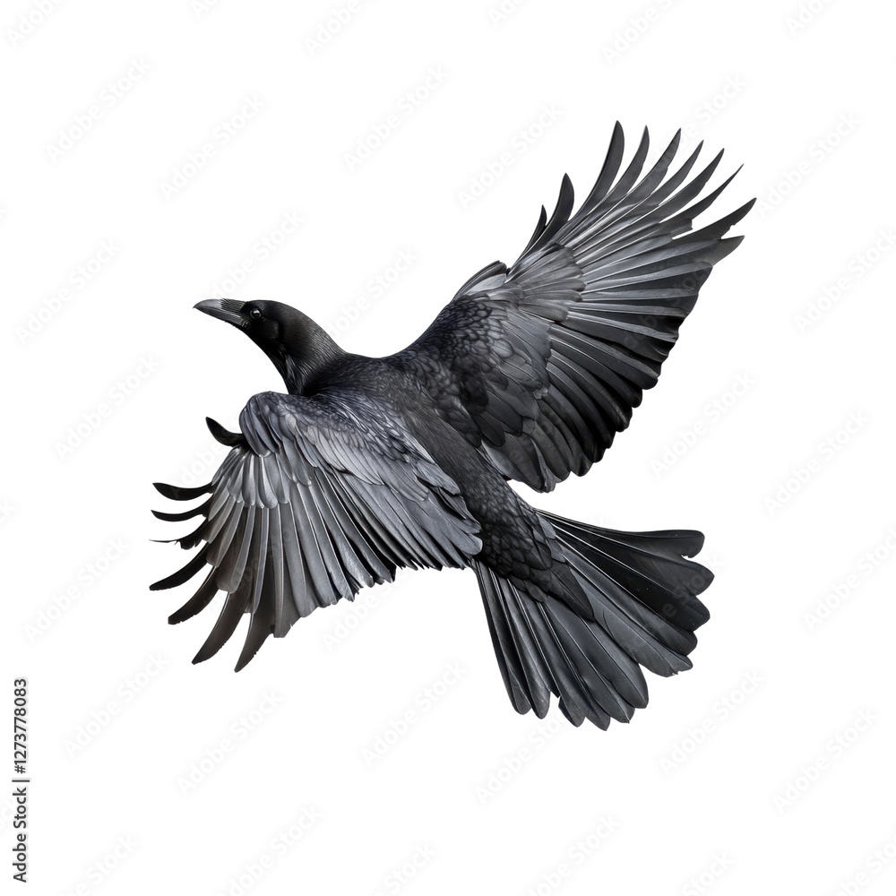 Naklejka premium Majestic black raven in mid-flight with wings fully spread against a transparent background. showcasing the elegance of this striking bird