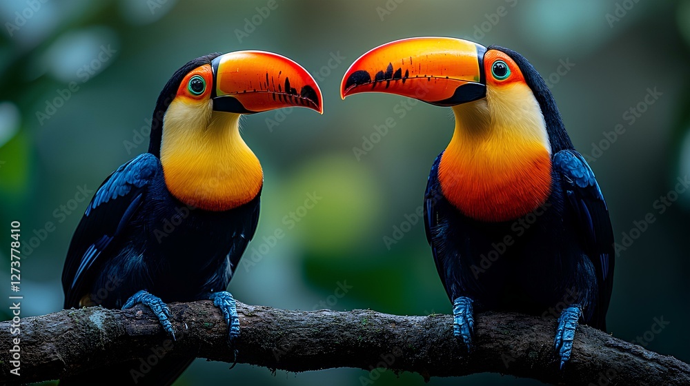Naklejka premium Brightly colored toucans sit close together on a branch, showcasing their striking orange and yellow beaks. The background features rich green foliage, adding to the tropical atmosphere.