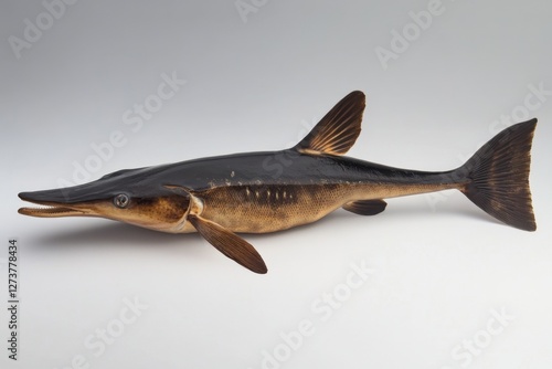 Taxidermied paddlefish specimen exhibited on a bright white background photo