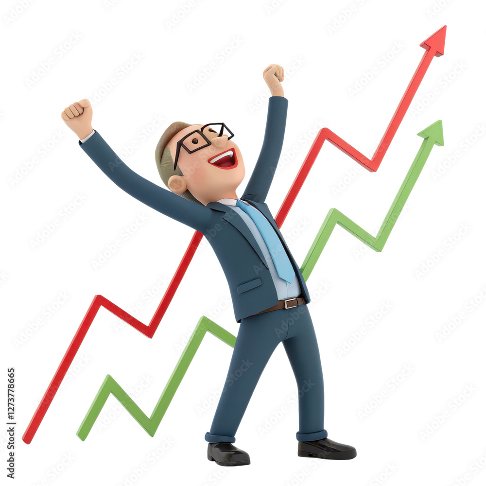 3D of Confident businessman with arms raised in of achieving business goals as shown by the upward rising trend graph Concept of career success financial growth 3D of Confident businessman with arms raised in of achieving business goals as shown by the upward rising trend graph Concept of career success financial growth