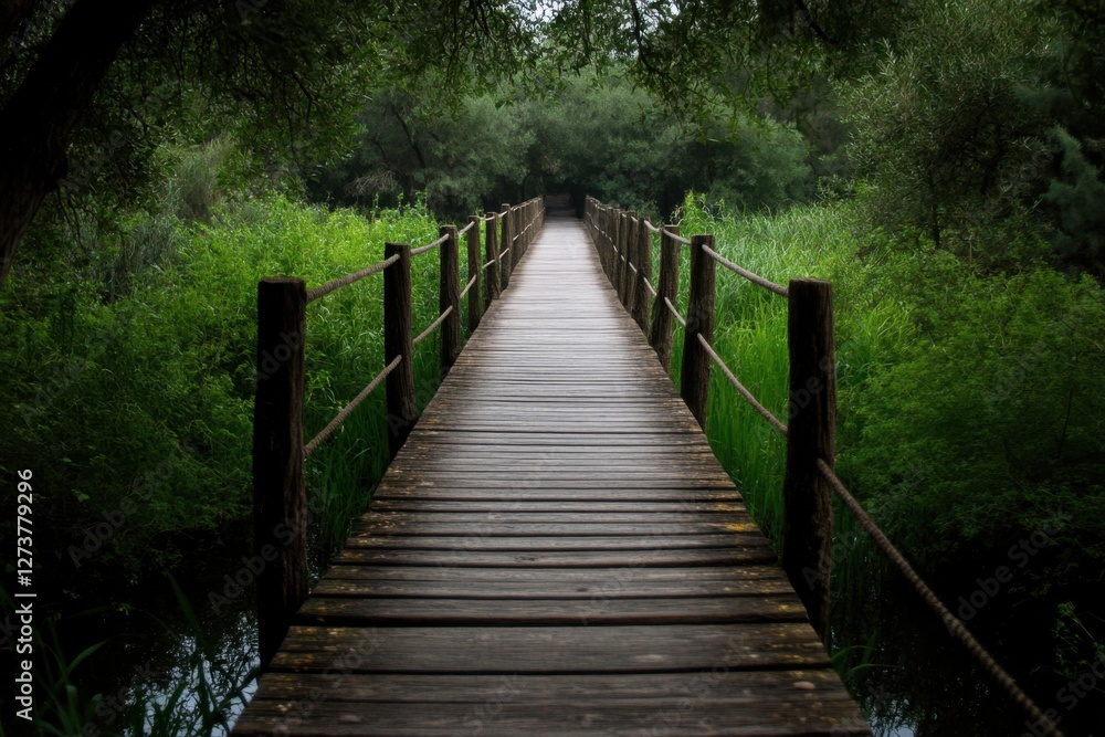 Wooden bridge path lush green