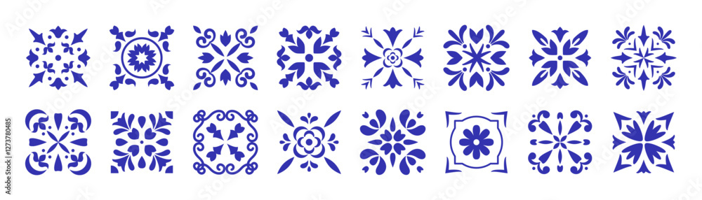 Mediterranean ceramic tile pattern collection. Sicilian, Portuguese, Spanish tile traditional design, porcelain pottery. Mosaic. Vector isolated on white background