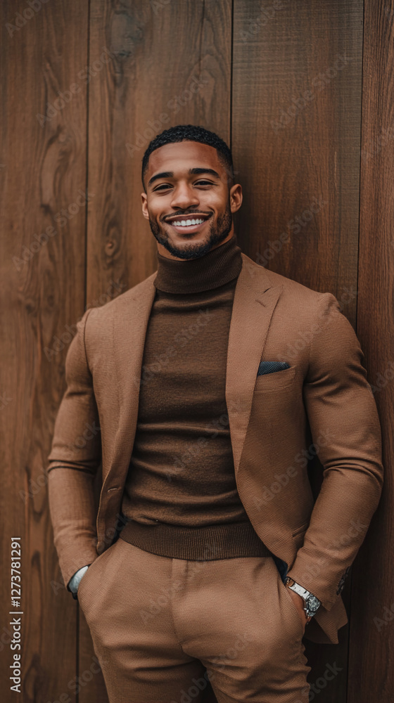 Obraz premium Portrait of a handsome man in a brown suit with a turtleneck, smiling confidently, standing against a wooden background, showcasing modern elegance and style.