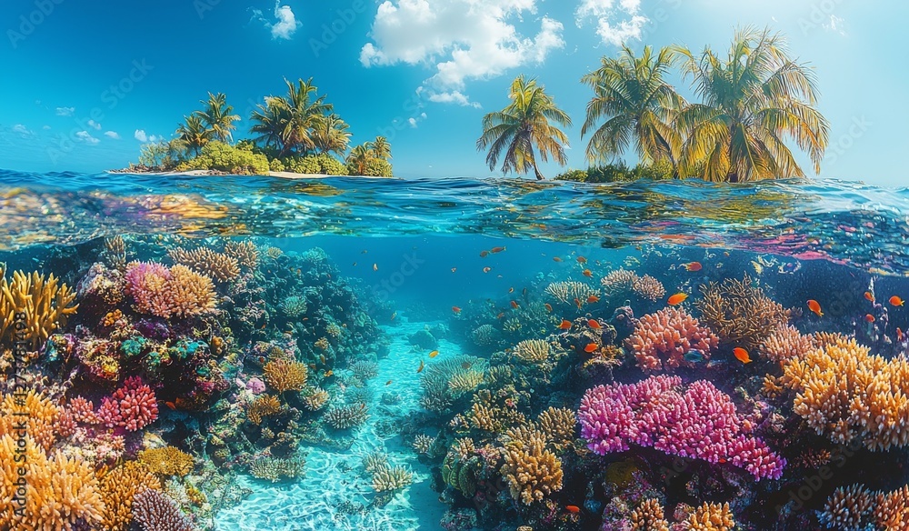 Naklejka premium A Split Composition showcasing vibrant colors defines the Tropical Island Paradise, where an Underwater Coral Reef and Palm Trees converge, embodying an Ocean Landscape with Tropical and Underwater