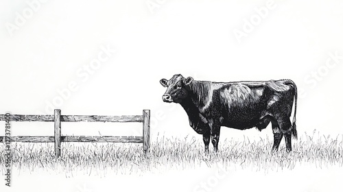 Highly detailed pen and ink drawing of a cow standing near a wooden fence in a grassy field, cross-hatching for shadow under the fence, precise details in the cow musculature and grassy textures