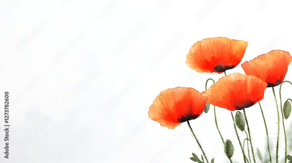 Obraz premium Vibrant red poppies swaying gracefully in a lush field captured in loose watercolor brushstrokes against a clean white canvas