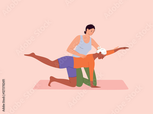 Elderly AFRICAN AMERICAN WOMAN performing PILATES balancing exercise with FEMALE TRAINER assisting on MAT improving MOBILITY FLEXIBILITY and POSTURE for WELLNESS and HEALTH CARE