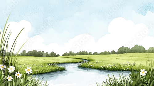 Fototapeta Naklejka Na Ścianę i Meble -  serene watercolor landscape featuring flowing river, lush green grass, and blooming flowers under blue sky