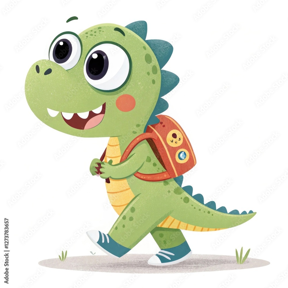 Naklejka premium A cheerful cartoon dinosaur character with a backpack, ideal for children's themes and playful imagery.