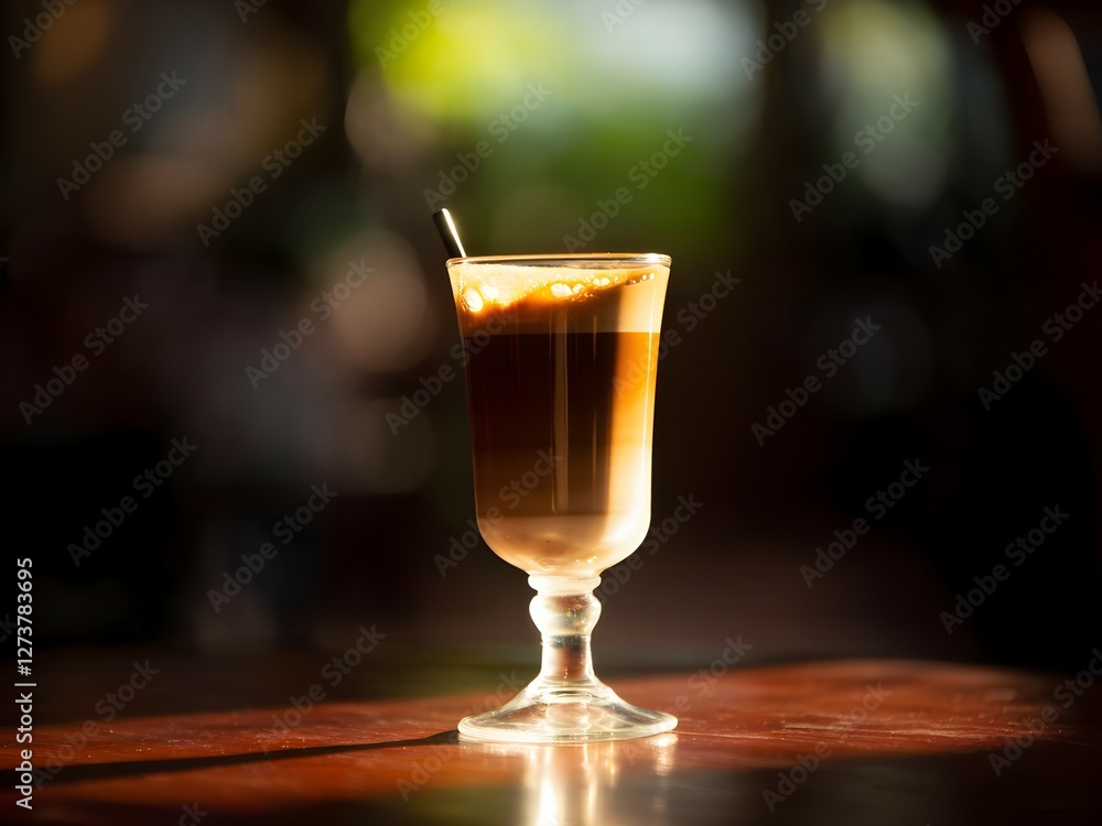 Vietnamese coffee served in a clear glass, showcasing rich layers of dark roasted coffee and creamy condensed milk, illuminated by soft sunlight, perfect for coffee lovers. Vietnamese coffee served in a clear glass, showcasing rich layers of dark roasted coffee and creamy condensed milk, illuminated by soft sunlight, perfect for coffee lovers.