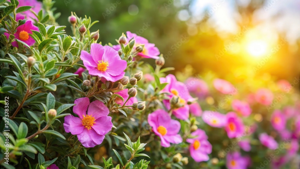 Low-angle shot of a grey-leaved cistus hedge with vibrant pink flowers and soft, fuzzy foliage, set against a warm sunlight backdrop , Summer garden, Fuzzy foliage Low-angle shot of a grey-leaved cistus hedge with vibrant pink flowers and soft, fuzzy foliage, set against a warm sunlight backdrop , Summer garden, Fuzzy foliage