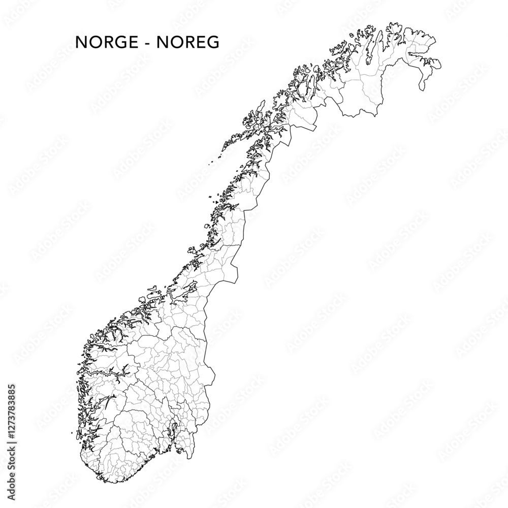 Fototapeta premium Geopolitical Vector Map of Norway (Norge - Noreg) with Municipalities (Kommuner - Kommunar) and Counties (Fylker - Fylke) Administrative Subdivisions as of 2025 - Norway