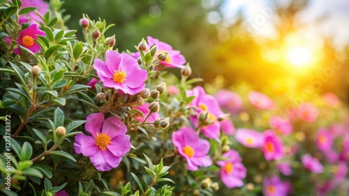 Low-angle shot of a grey-leaved cistus hedge with vibrant pink flowers and soft, fuzzy foliage, set against a warm sunlight backdrop , Summer garden, Fuzzy foliage