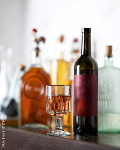 Glass of rose wine and open wine bottle with burgundy label in home mini bar. Aperitif. Luxury liquor. Wine tasting. Alcohol beverages. Drink concept. Copy space. photo