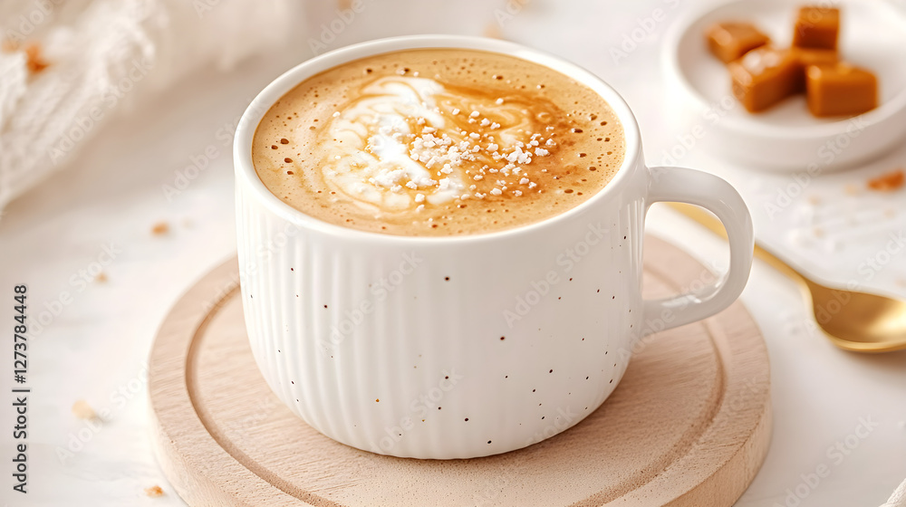 Cappuccino topped with creamy foam and a sprinkle of sugar, served in a stylish white cup on a wooden coaster, accompanied by caramel candies in a cozy café setting. Cappuccino topped with creamy foam and a sprinkle of sugar, served in a stylish white cup on a wooden coaster, accompanied by caramel candies in a cozy café setting.
