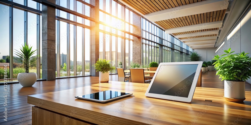 Modern Minimalist Architecture Interior: Blank Tablet on Architectural Table Modern Minimalist Architecture Interior: Blank Tablet on Architectural Table