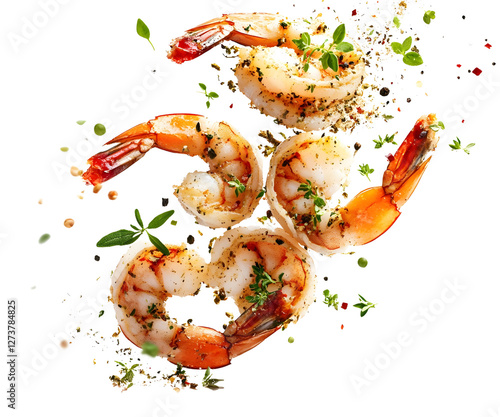 Shrimps seasoned with herbs and spices in mid-air Isolated on white background. photo