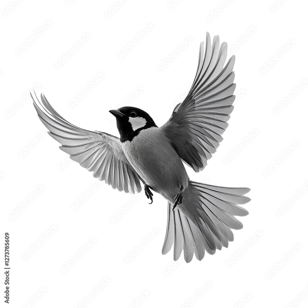 Fototapeta premium A bird with black and white feathers flying in the air