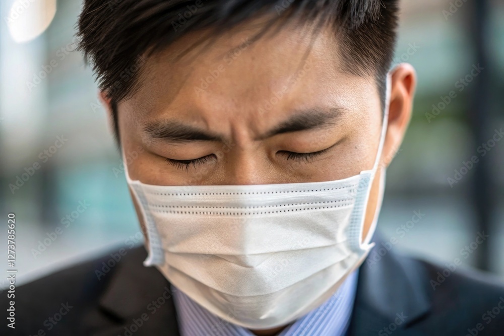 A man wearing a mask, exhibiting feelings of stress or worry in a modern urban environment, highlighting mental health. A man wearing a mask, exhibiting feelings of stress or worry in a modern urban environment, highlighting mental health.