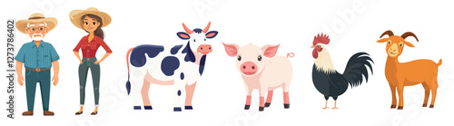 Cartoon farm animals and farmers, vector element set