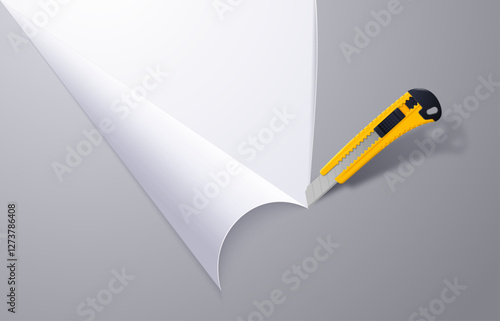 Sharp realistic stationery office knife cuts light paper background. Vector 3d illustration.