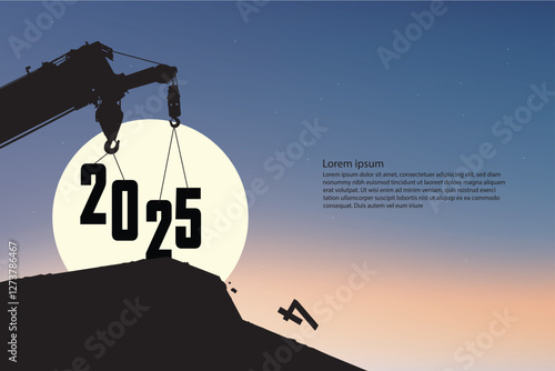 Crane Lifting 2025 Against a Sunset Sky. vector illustration