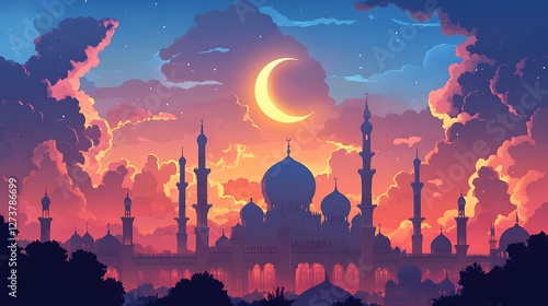 Silhouettes of Majestic Mosques at Dusk with Intricate Detailing. photo