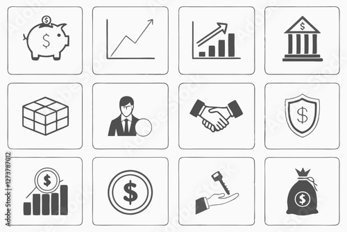  A digital illustration featuring a grid of 16 icons related to finance, each with a simple, minimalist design. The icons are divided into four rows and four columns. The icons include a piggy bank, 