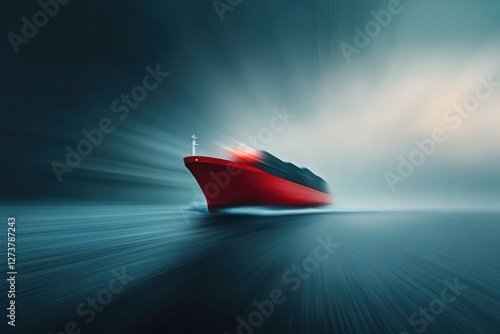 Red cargo ship sailing foggy waters