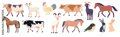 Farm animals illustrated collection, isolated vector set