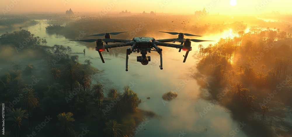 Fototapeta premium A nature reserve where rangers use AI-powered drones to monitor wildlife, blending conservation efforts with advanced technology for protection and research.