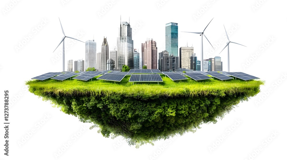Eco sustainable futuristic city skyline with renewable energy architecture including wind turbines solar panel arrays and floating green metropolis Innovative 3D showcasing a modern