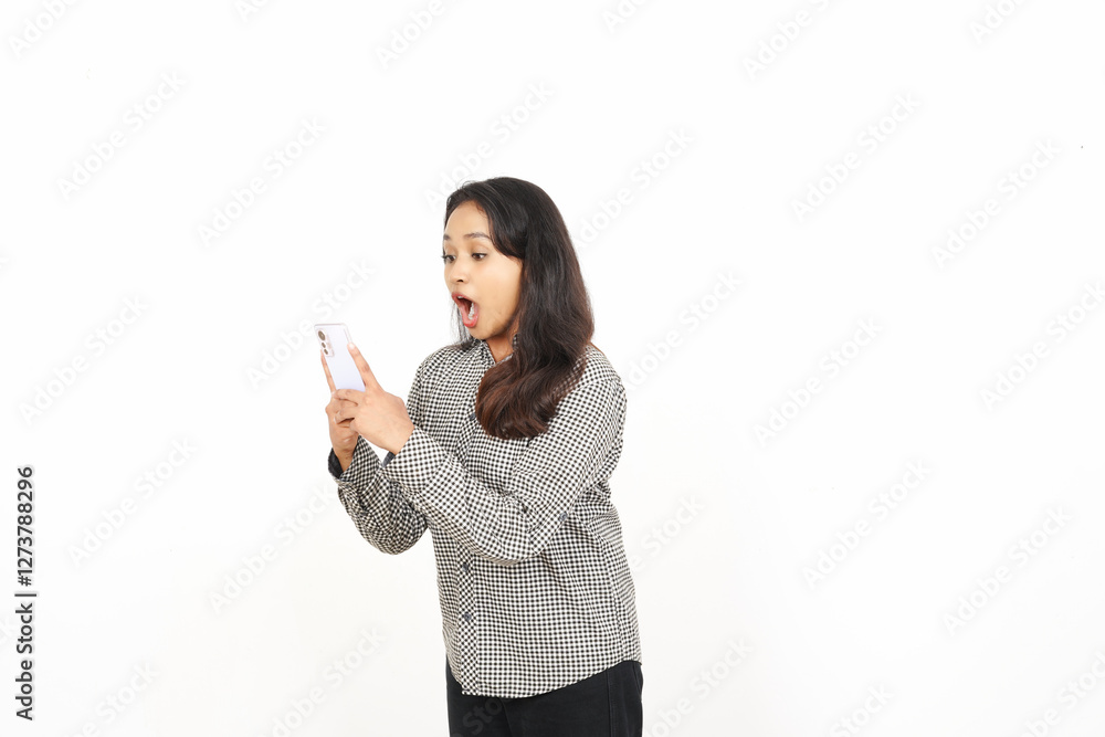 Surprised while Using Smartphone Of Beautiful Asian Woman Isolated On White Background Surprised while Using Smartphone Of Beautiful Asian Woman Isolated On White Background