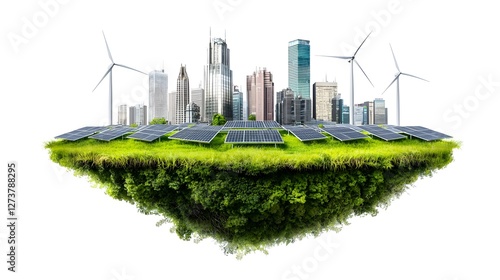 Eco sustainable futuristic city skyline with renewable energy architecture including wind turbines solar panel arrays and floating green metropolis  Innovative 3D showcasing a modern