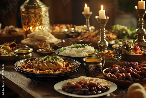 Traditional Ramadan Feast Featuring Dates and Tea. photo