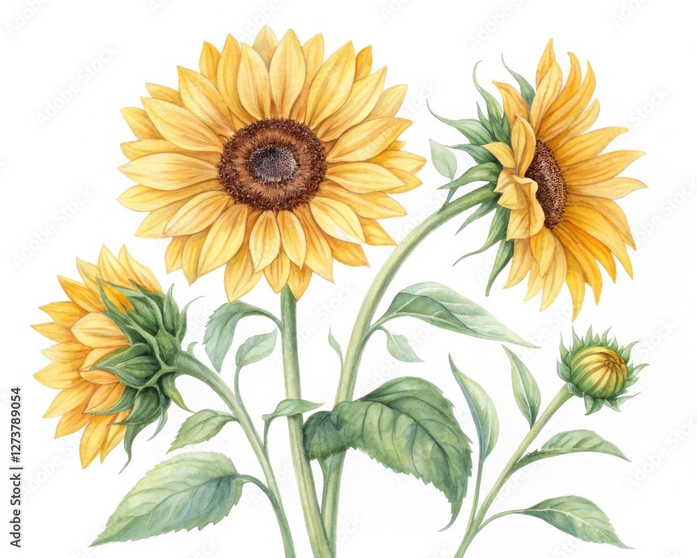 Naklejka premium Vibrant watercolor illustration of sunflowers showcasing their beauty and natural charm.