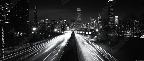 Fototapeta Naklejka Na Ścianę i Meble -  Night city highway, cityscape background, light trails