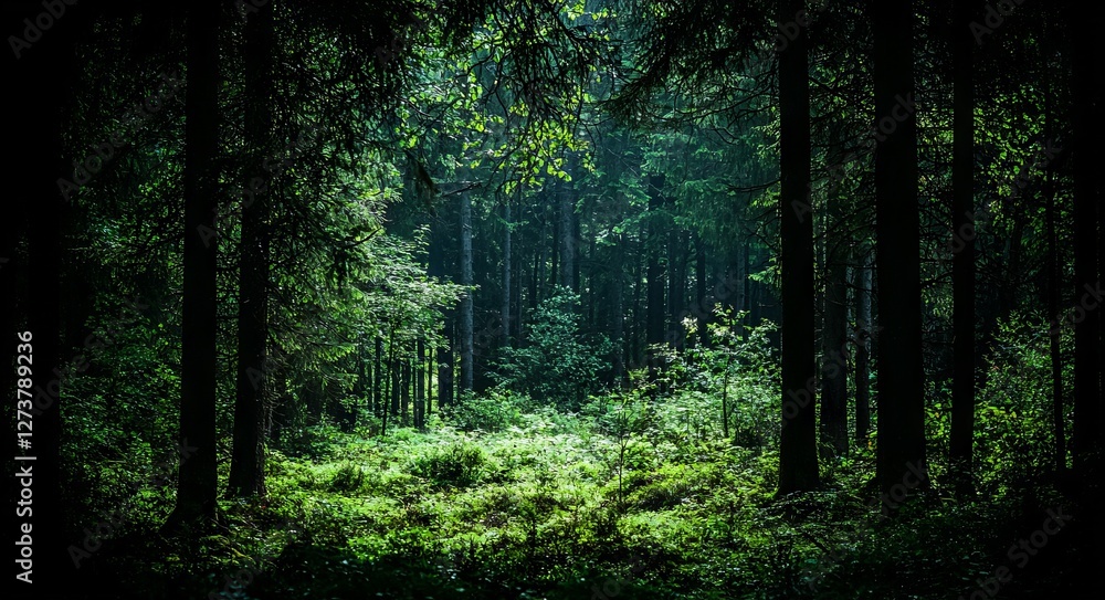 Fototapeta premium A summer forest filled with pine and spruce is bathed in sunlight